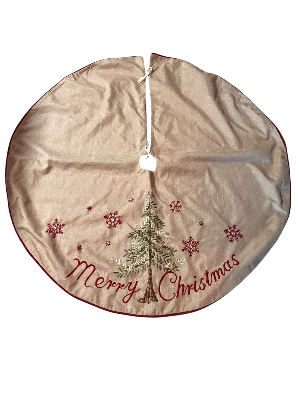 Merry Christmas Embroidered Tree Skirt - Beige with Red Accents
like new